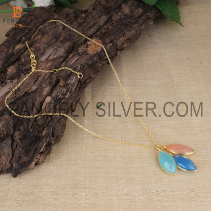 Natural Three Gemstone Leaf Design Gold Chain Pendant