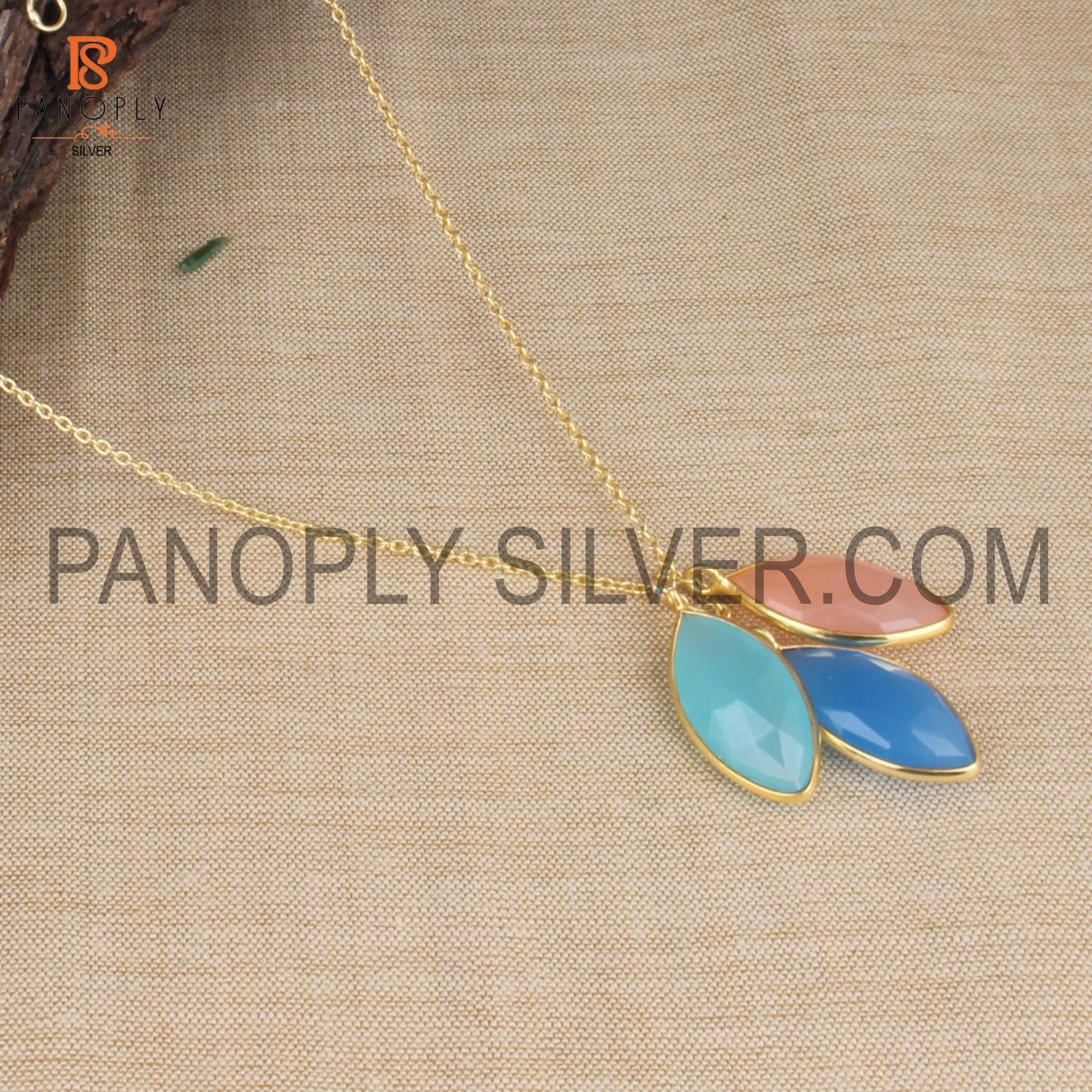 Natural Three Gemstone Leaf Design Gold Chain Pendant