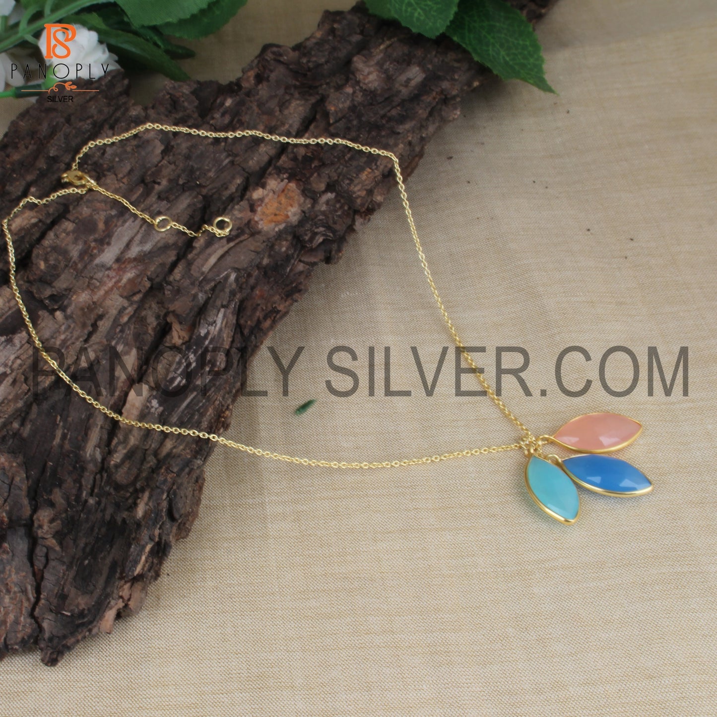 Natural Three Gemstone Leaf Design Gold Chain Pendant