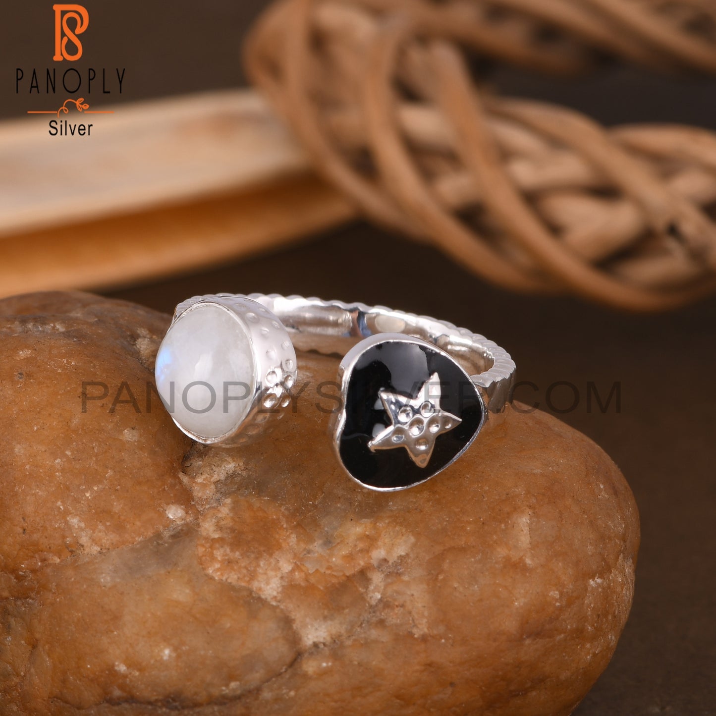 Rainbow Moonstone & Black Enamel 925 Sterling Silver Ring