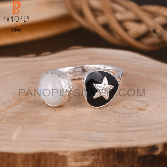 Rainbow Moonstone & Black Enamel 925 Sterling Silver Ring