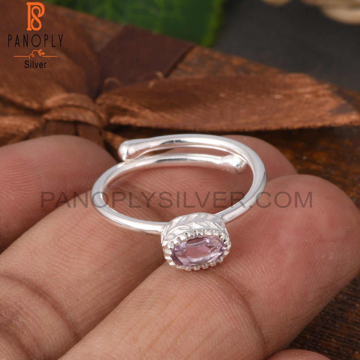 Pink Amethyst Oval Shape 925 Silver Adjustable Ring