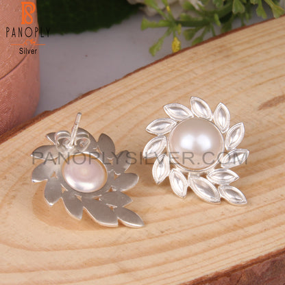 Pearl Round 925 Sterling Silver Studs Earrings