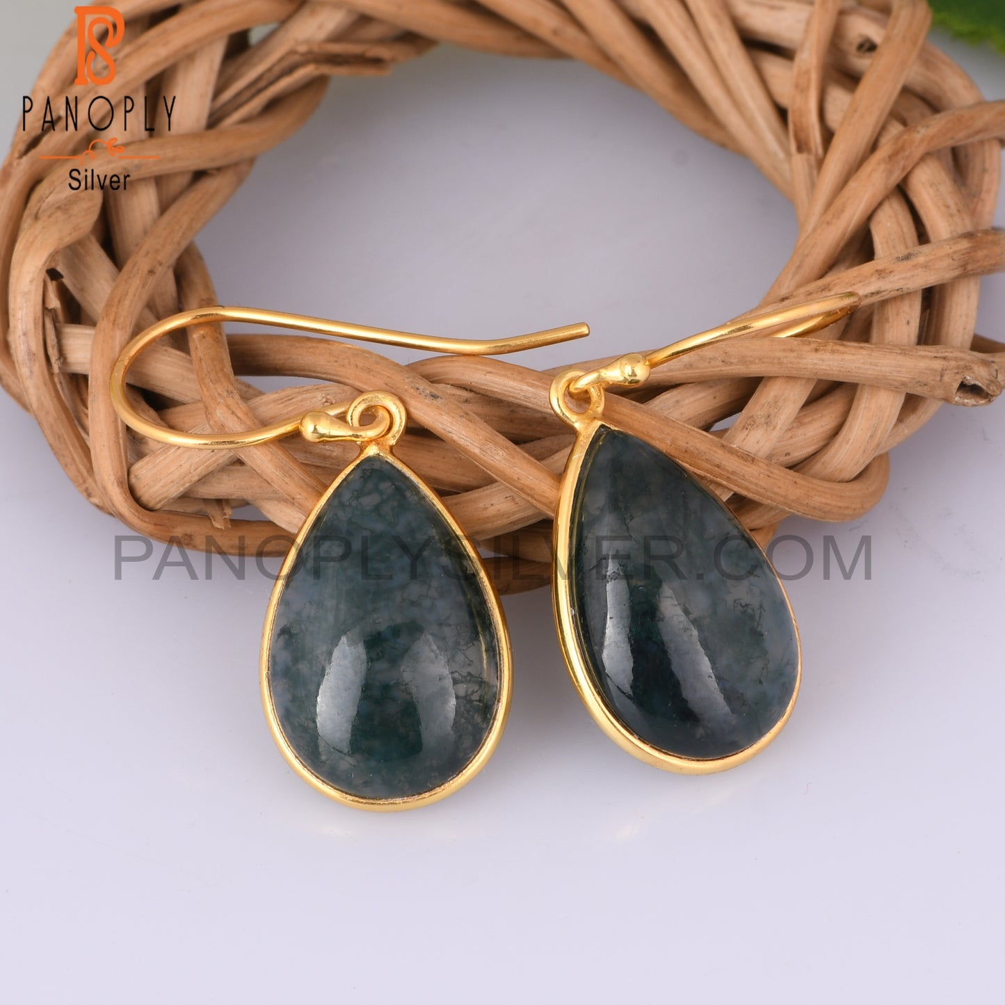 Moss Agate Pear Shape 925 Sterling Silver Gold Earrings