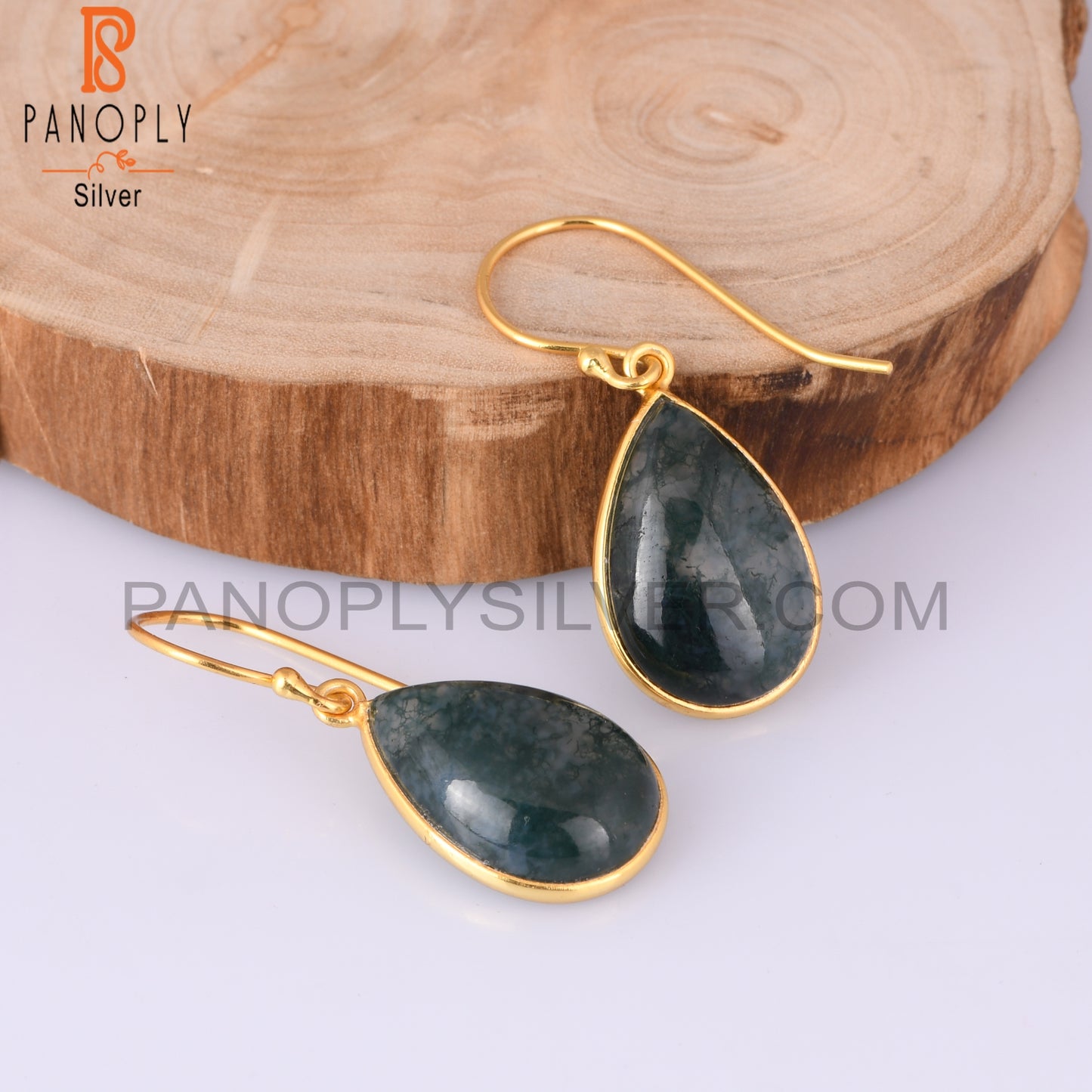 Moss Agate Pear Shape 925 Sterling Silver Gold Earrings