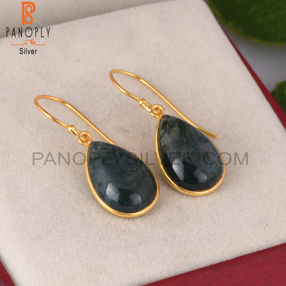 Moss Agate Pear Shape 925 Sterling Silver Gold Earrings