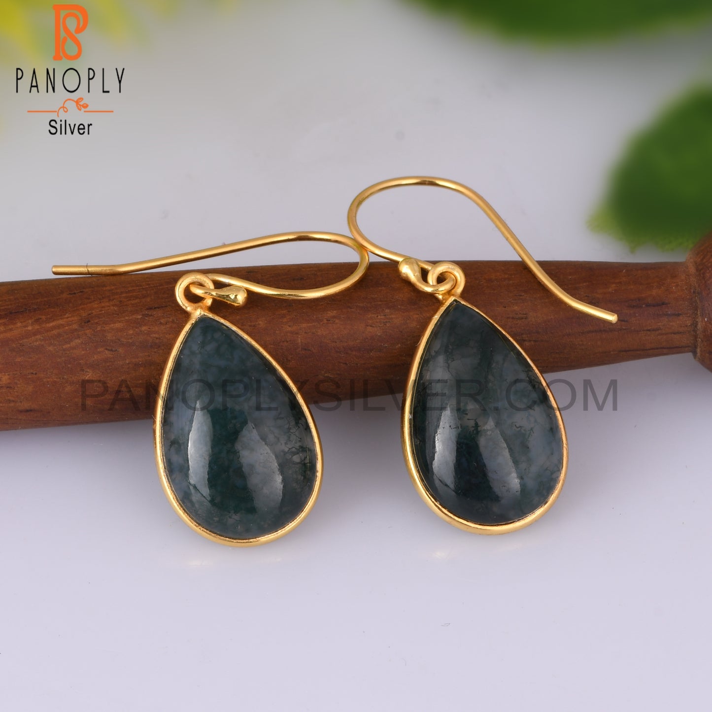 Moss Agate Pear Shape 925 Sterling Silver Gold Earrings