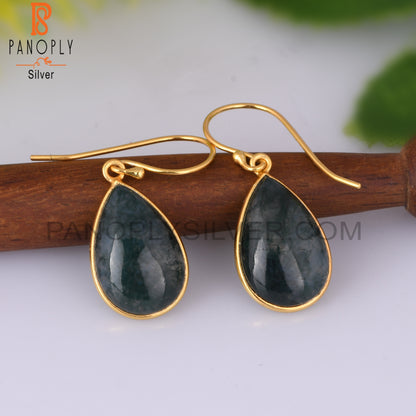 Moss Agate Pear Shape 925 Sterling Silver Gold Earrings