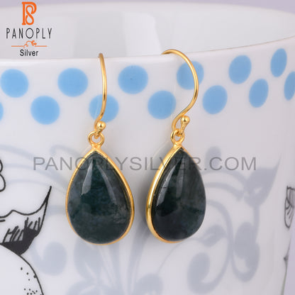 Moss Agate Pear Shape 925 Sterling Silver Gold Earrings