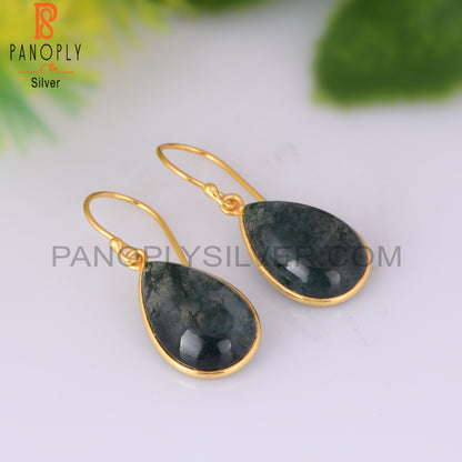 Moss Agate Pear Shape 925 Sterling Silver Gold Earrings