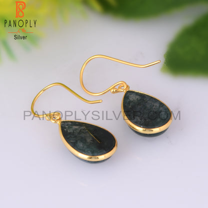 Moss Agate Pear Shape 925 Sterling Silver Gold Earrings