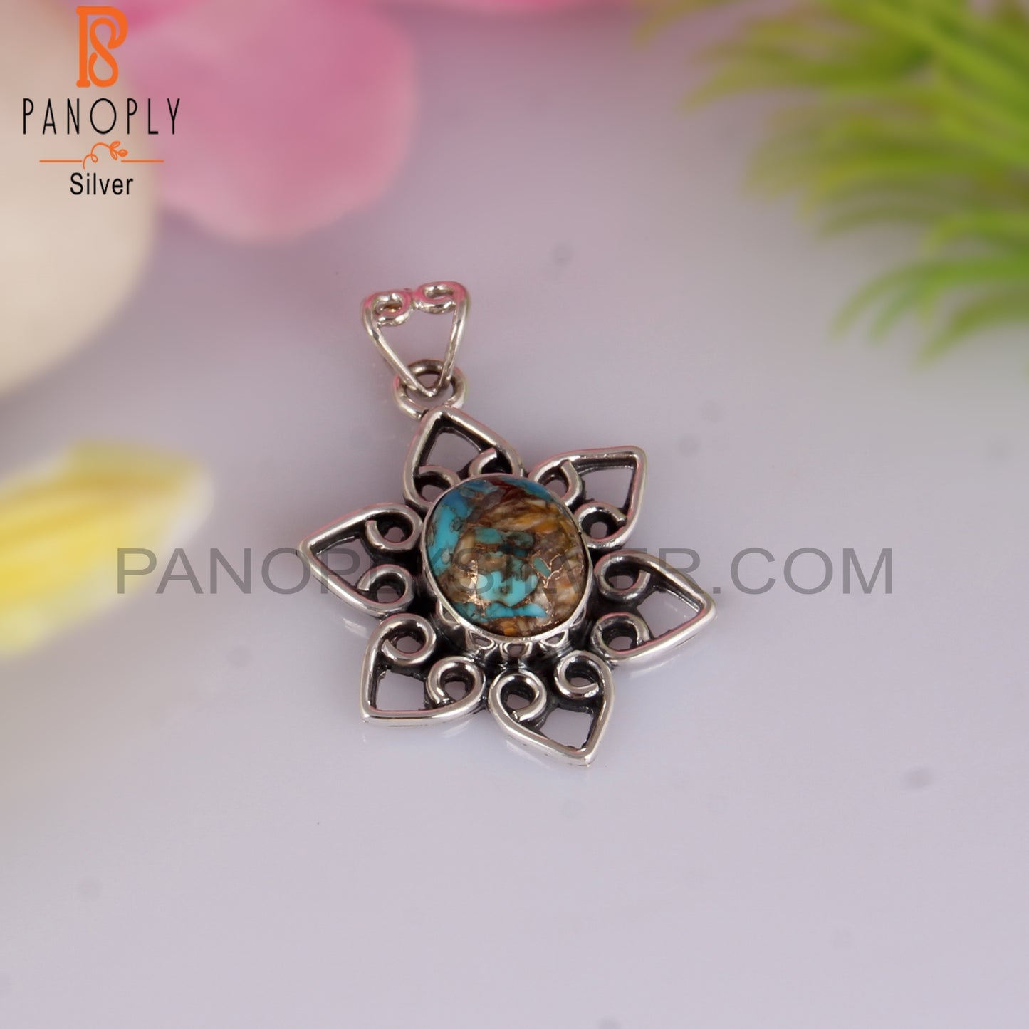 Mojave Copper Oyster Turquoise Flower Silver Pendant