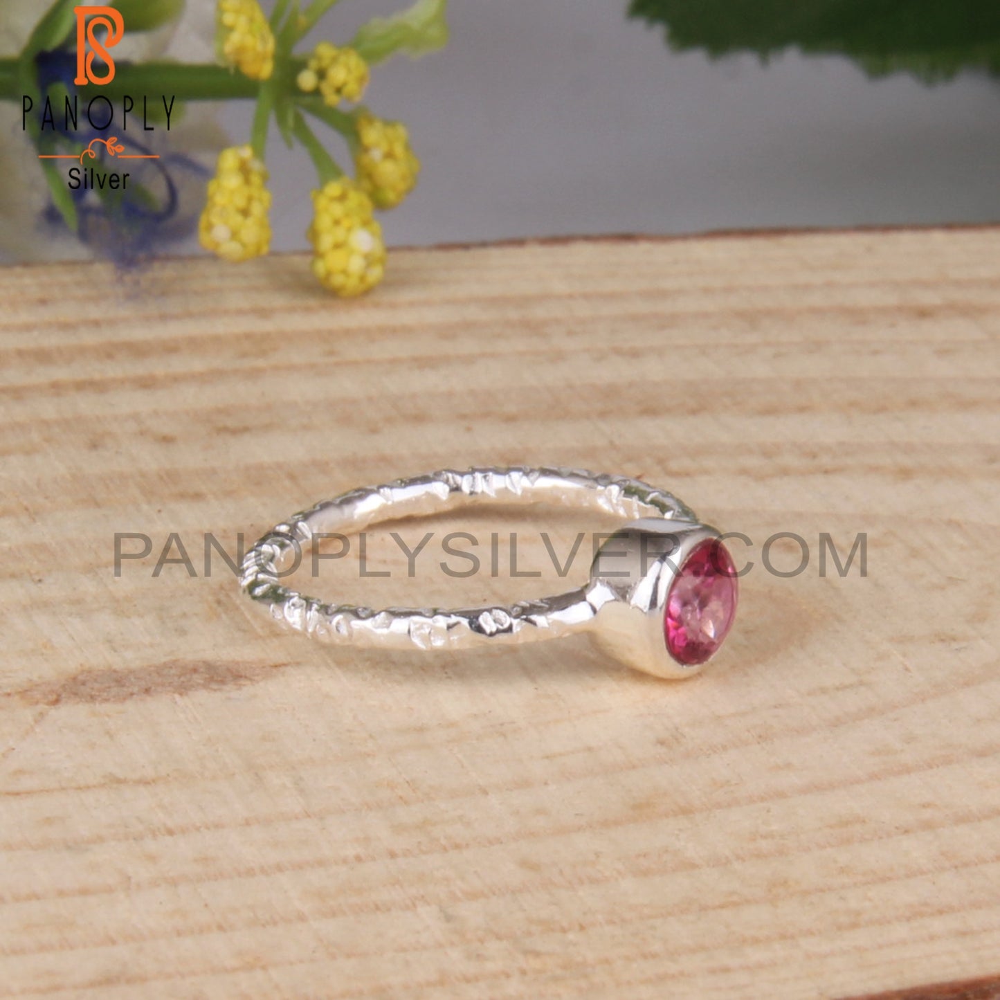 Pink Topaz 925 Sterling Silver Texture Band Ring