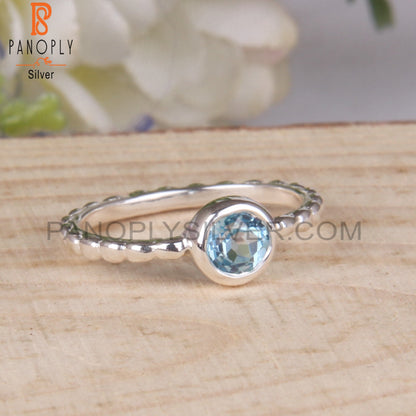 Blue Topaz Round 925 Sterling Silver Filigree Bnad Ring