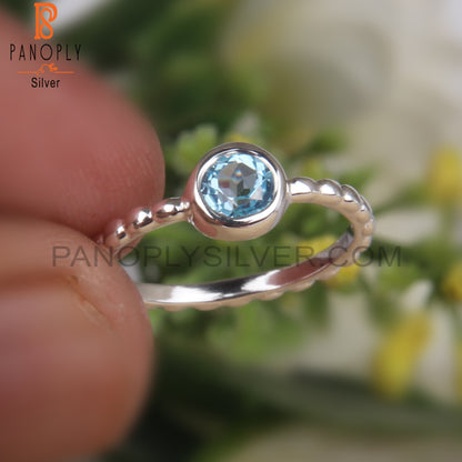 Blue Topaz Round 925 Sterling Silver Filigree Bnad Ring