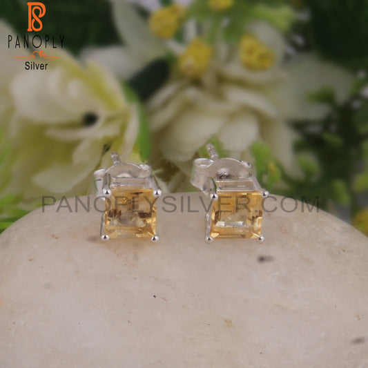 Citrine Square Shape 925 Sterling Silver Studs Earrings