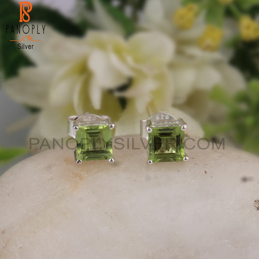 Peridot Square Shape 925 Sterling Silver Studs Earrings