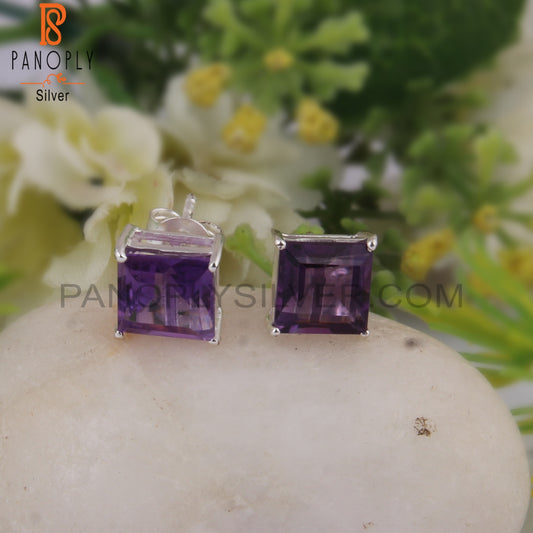 Amethyst Square 925 Sterling Silver Studs Engagement Earrings