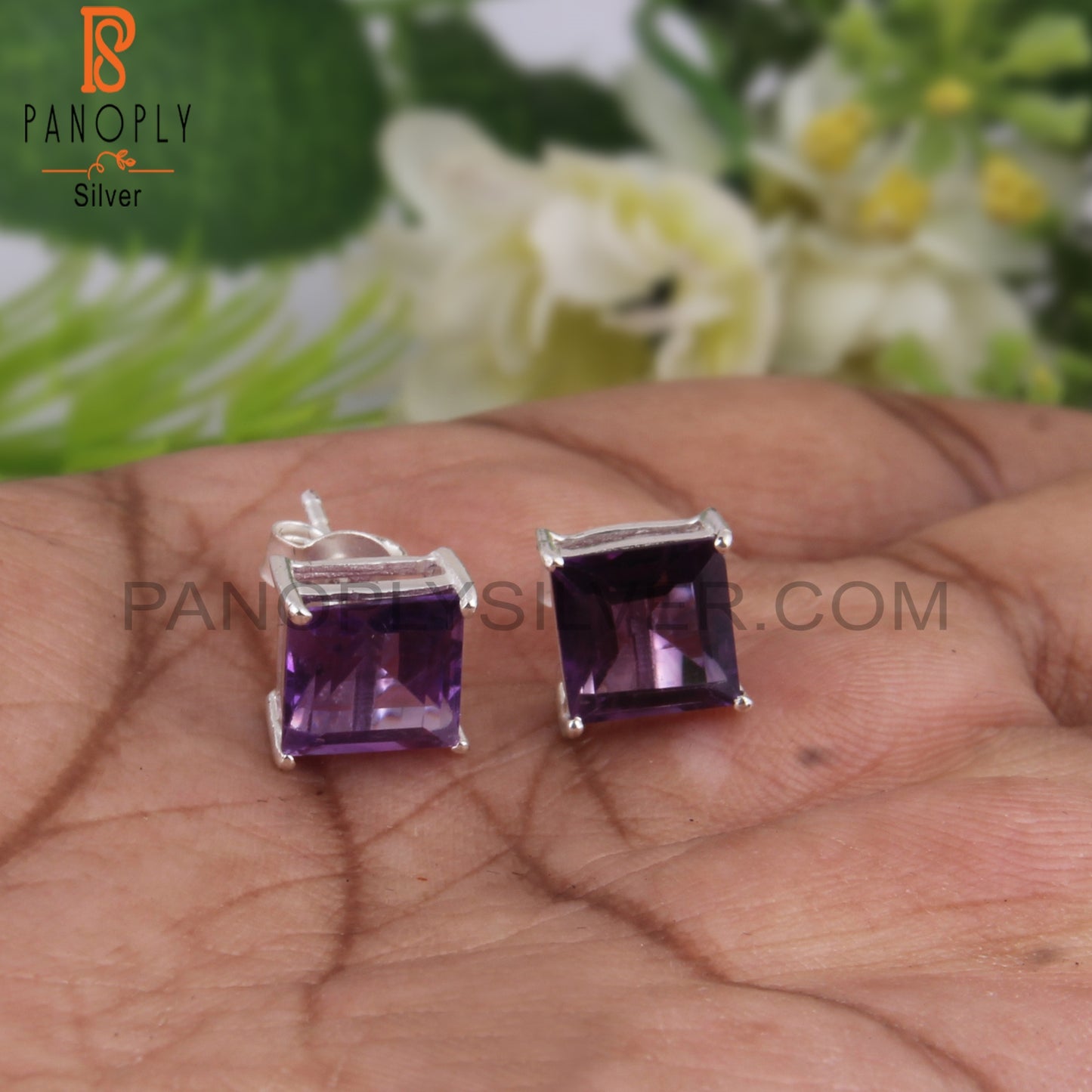 Amethyst Square 925 Sterling Silver Studs Engagement Earrings