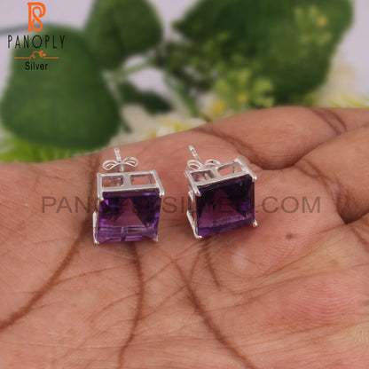 Designer Amethyst Square Shape 925 Silver Studs Earrings