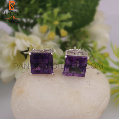 Designer Amethyst Square Shape 925 Silver Studs Earrings