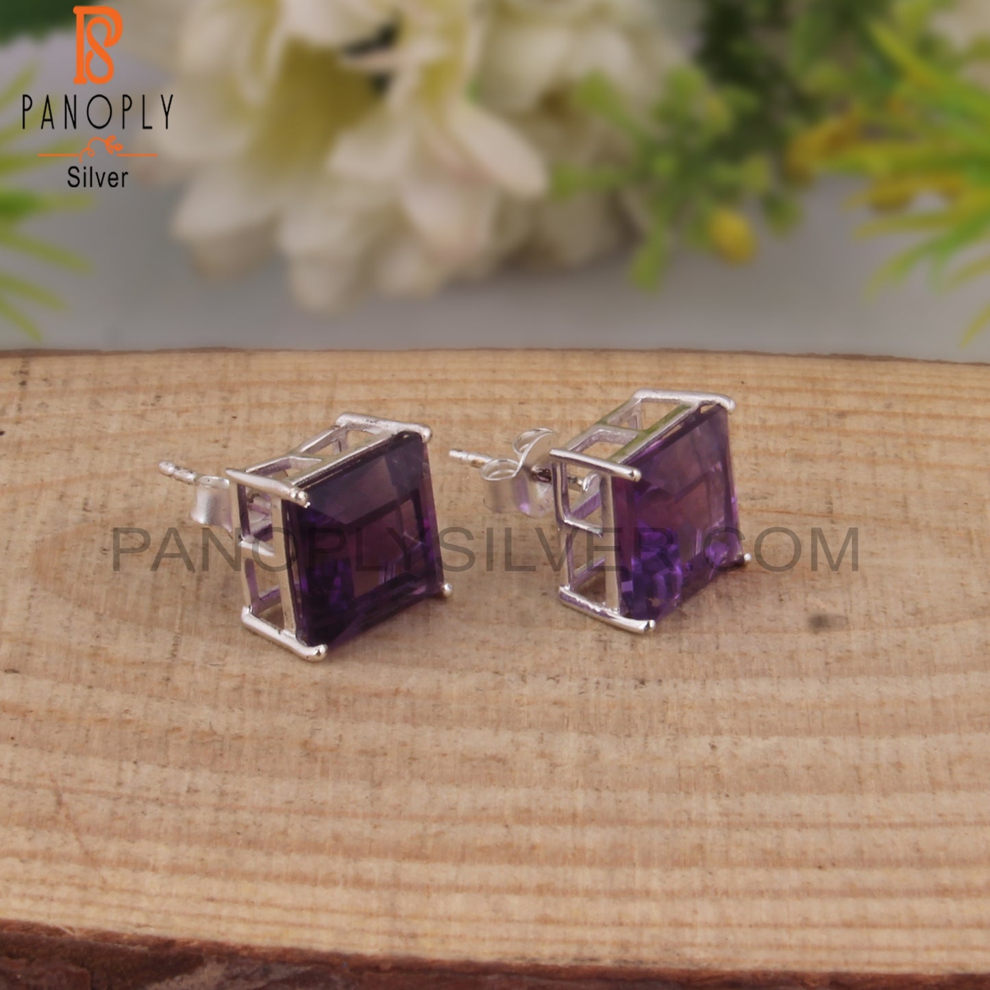 Designer Amethyst Square Shape 925 Silver Studs Earrings