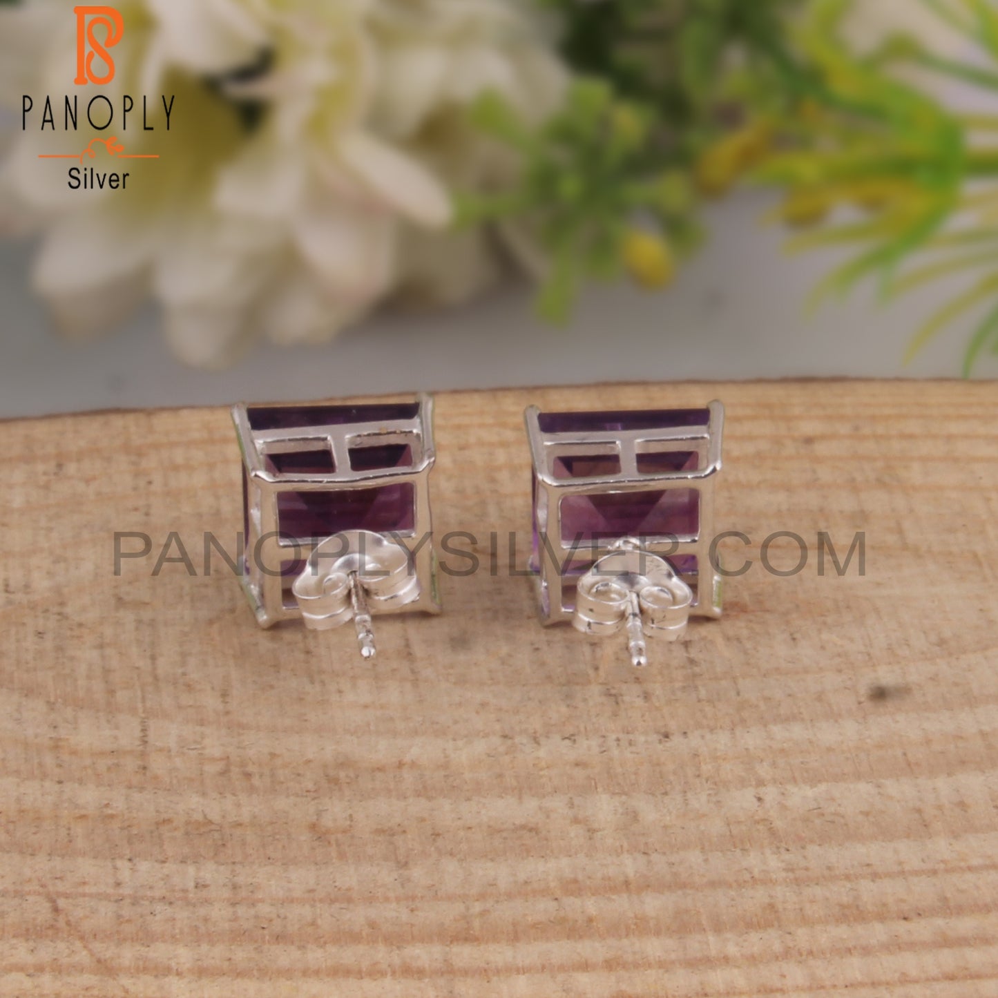 Designer Amethyst Square Shape 925 Silver Studs Earrings