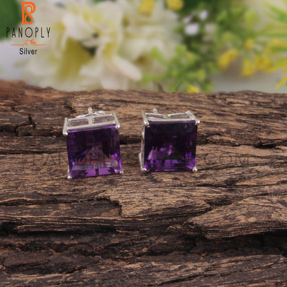 Designer Amethyst Square Shape 925 Silver Studs Earrings