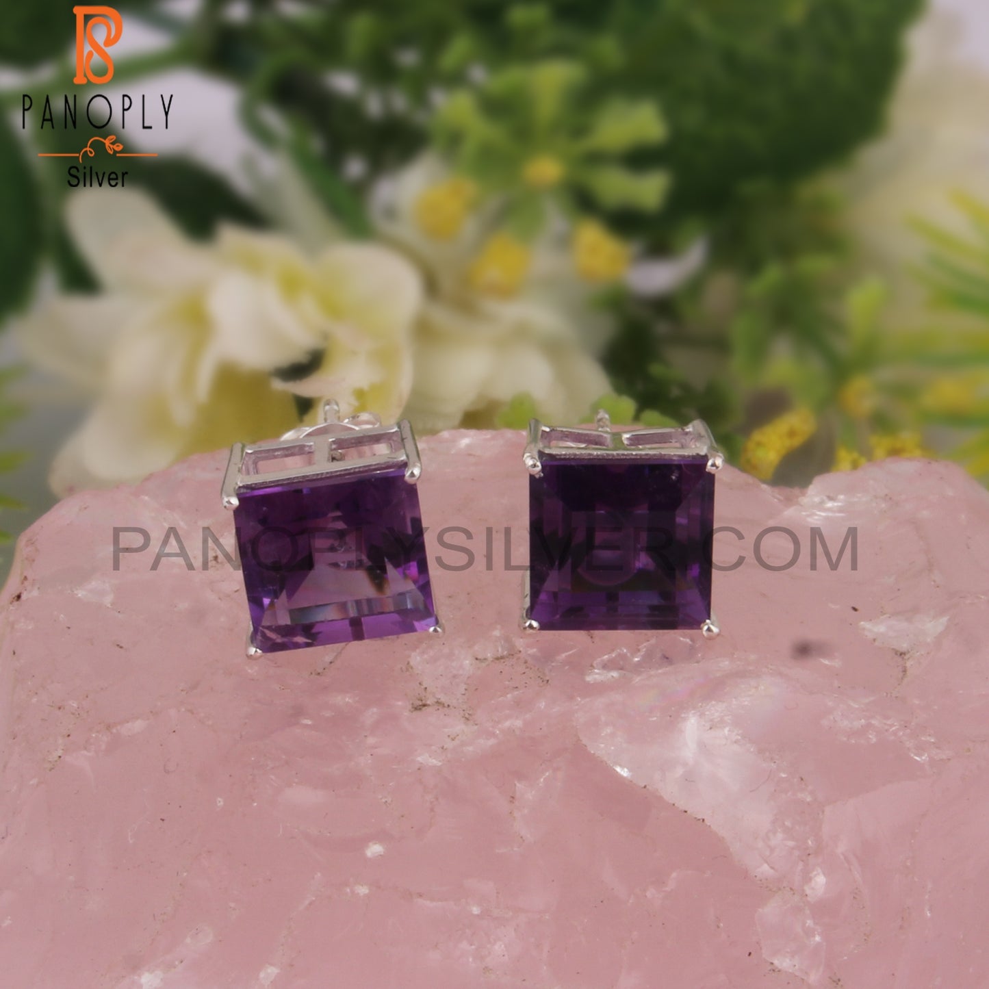 Designer Amethyst Square Shape 925 Silver Studs Earrings