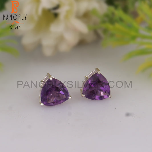 Trillion Shape Amethyst 925 Silver Studs Stylish Earrings