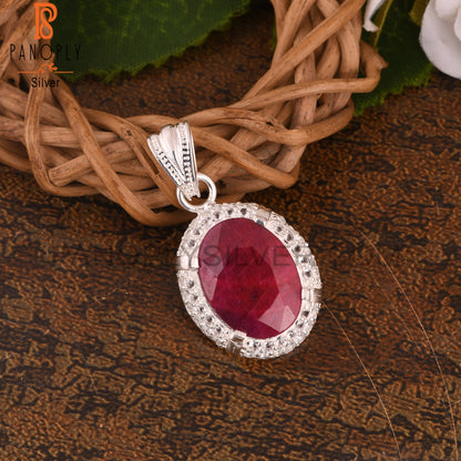 White Topaz & Corundum Ruby Oval 925 Sterling Silver Pendant