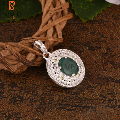 White Topaz & Green Corundum Emerald 925 Silver Pendant