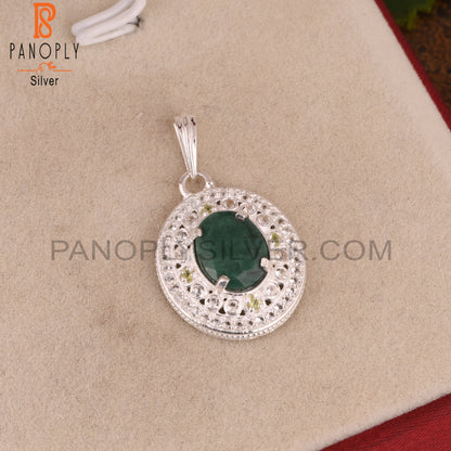 White Topaz & Green Corundum Emerald 925 Silver Pendant