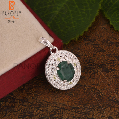 White Topaz & Green Corundum Emerald 925 Silver Pendant