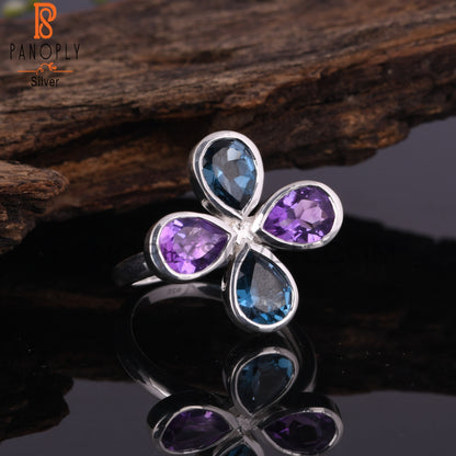 London Blue Topaz & Amethyst Pear 925 Silver Ring