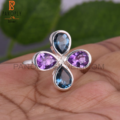 London Blue Topaz & Amethyst Pear 925 Silver Ring