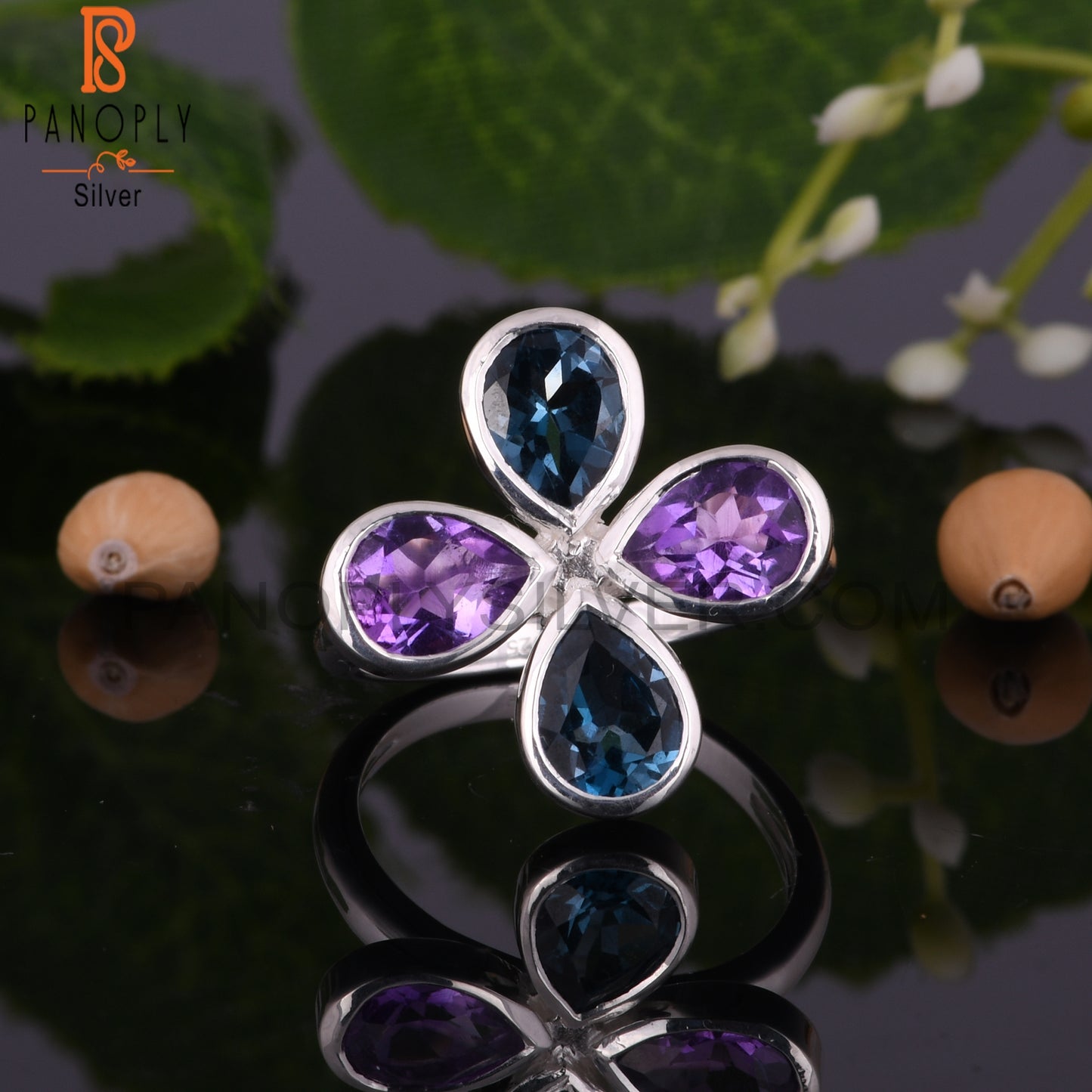 London Blue Topaz & Amethyst Pear 925 Silver Ring