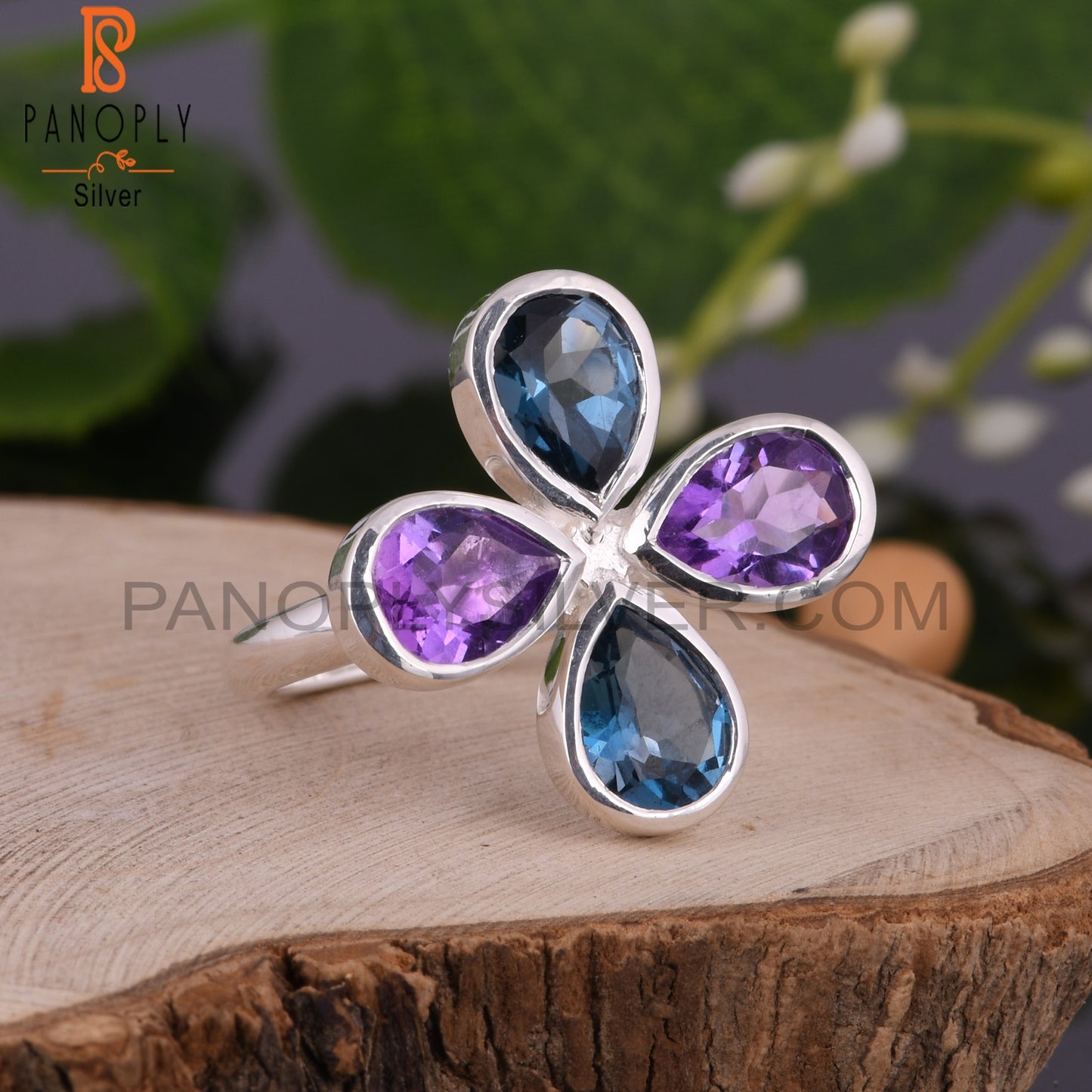 London Blue Topaz & Amethyst Pear 925 Silver Ring