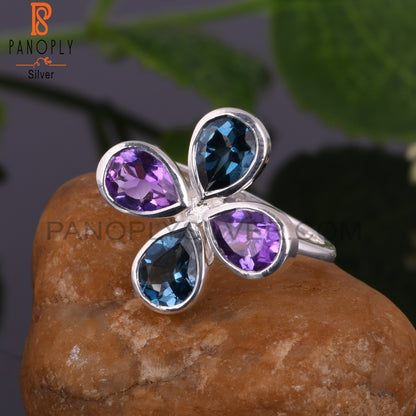 London Blue Topaz & Amethyst Pear 925 Silver Ring