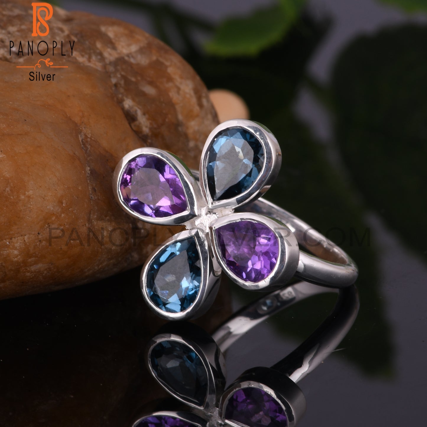 London Blue Topaz & Amethyst Pear 925 Silver Ring