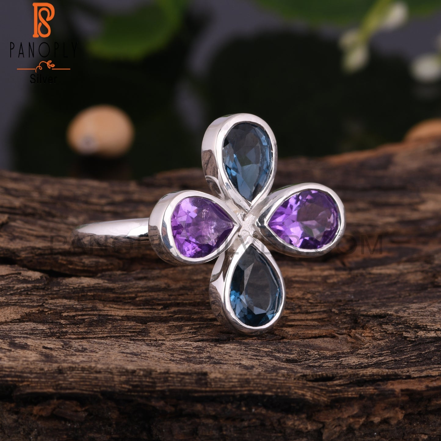 London Blue Topaz & Amethyst Pear 925 Silver Ring