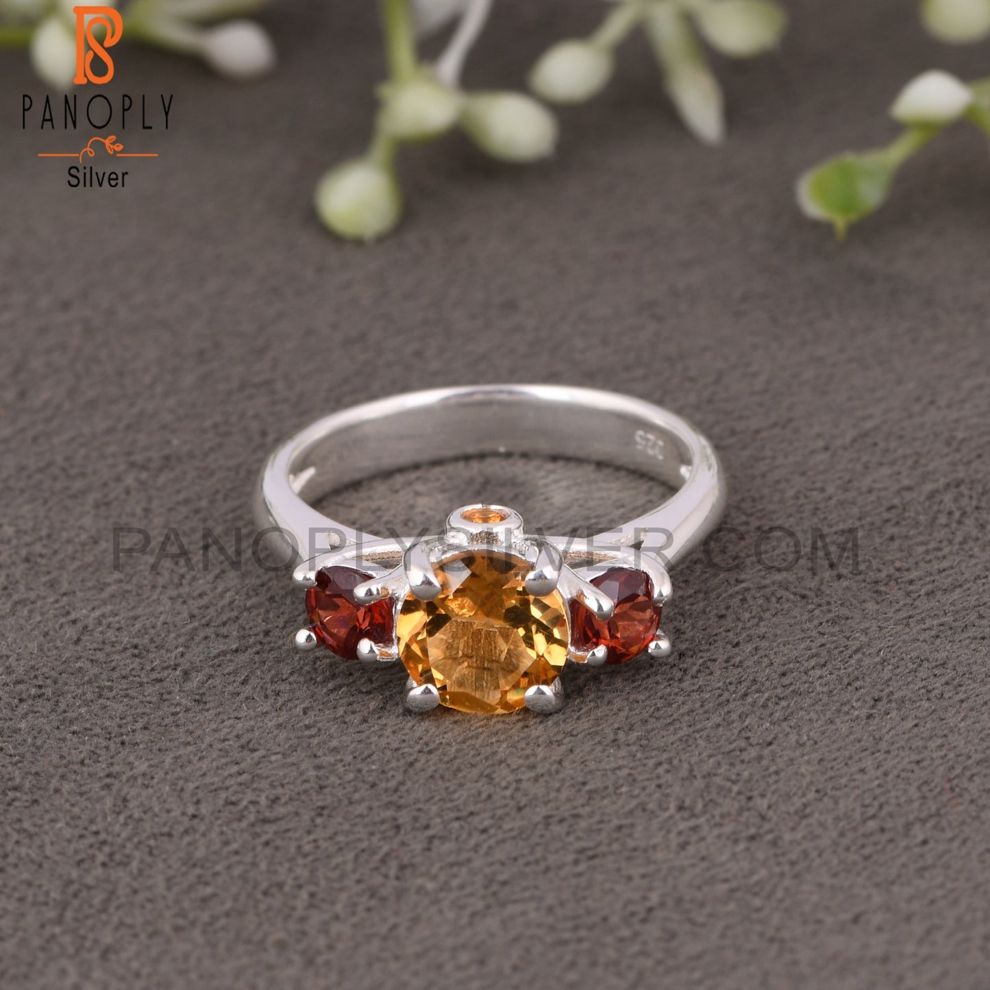 Citrine & Garnet 925 Round Sterling Silver Ring