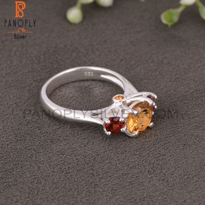 Citrine & Garnet 925 Round Sterling Silver Ring