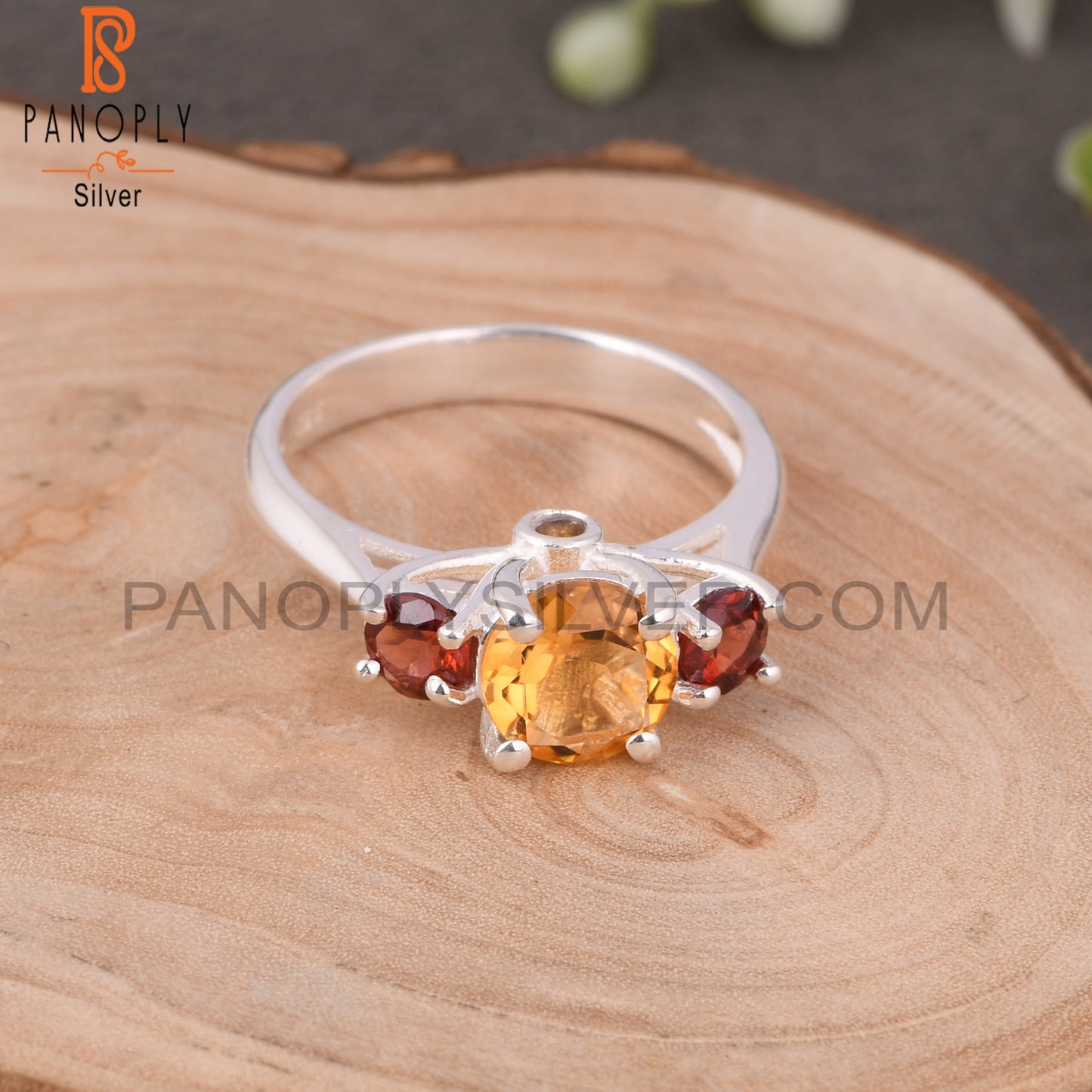 Citrine & Garnet 925 Round Sterling Silver Ring