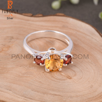 Citrine & Garnet 925 Round Sterling Silver Ring