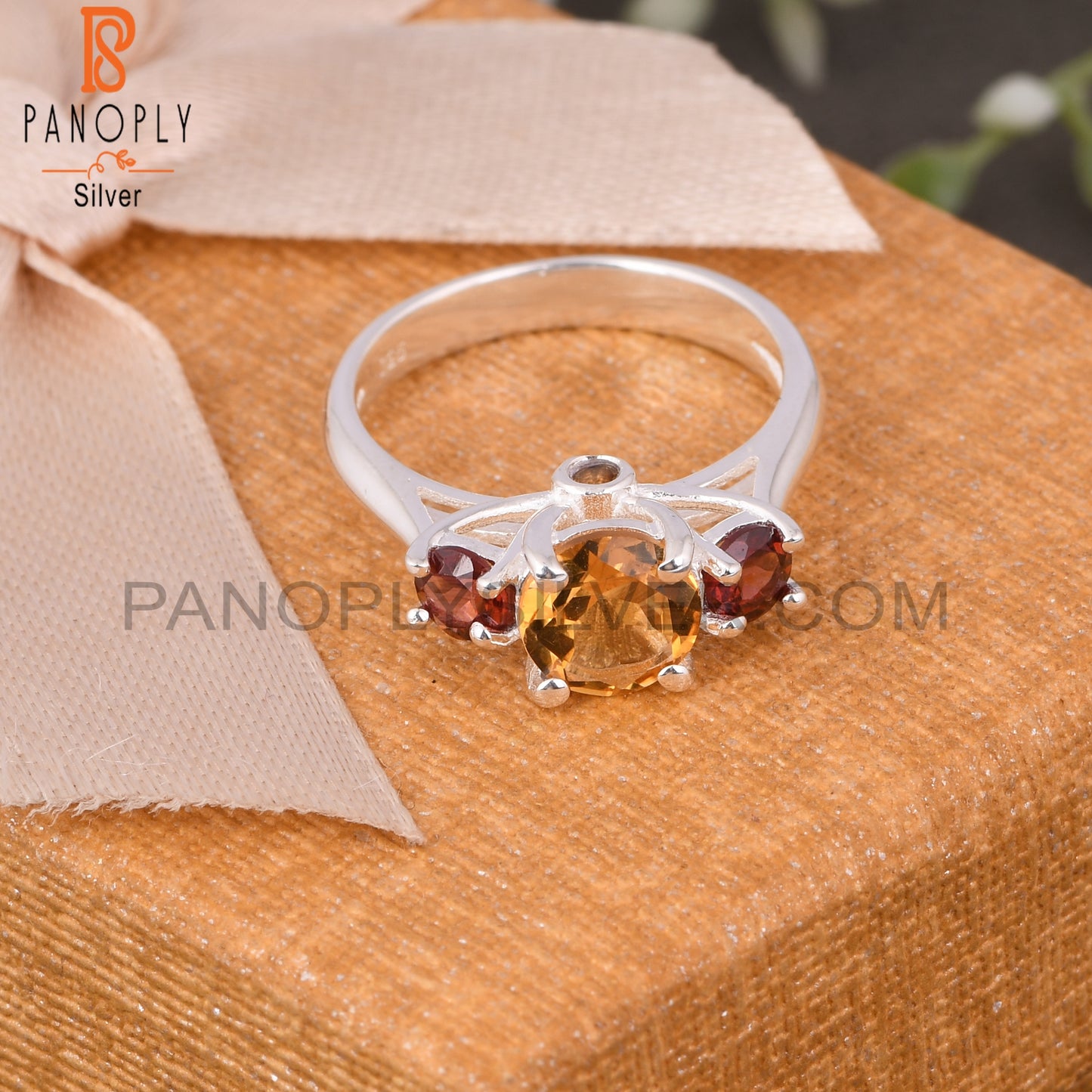 Citrine & Garnet 925 Round Sterling Silver Ring