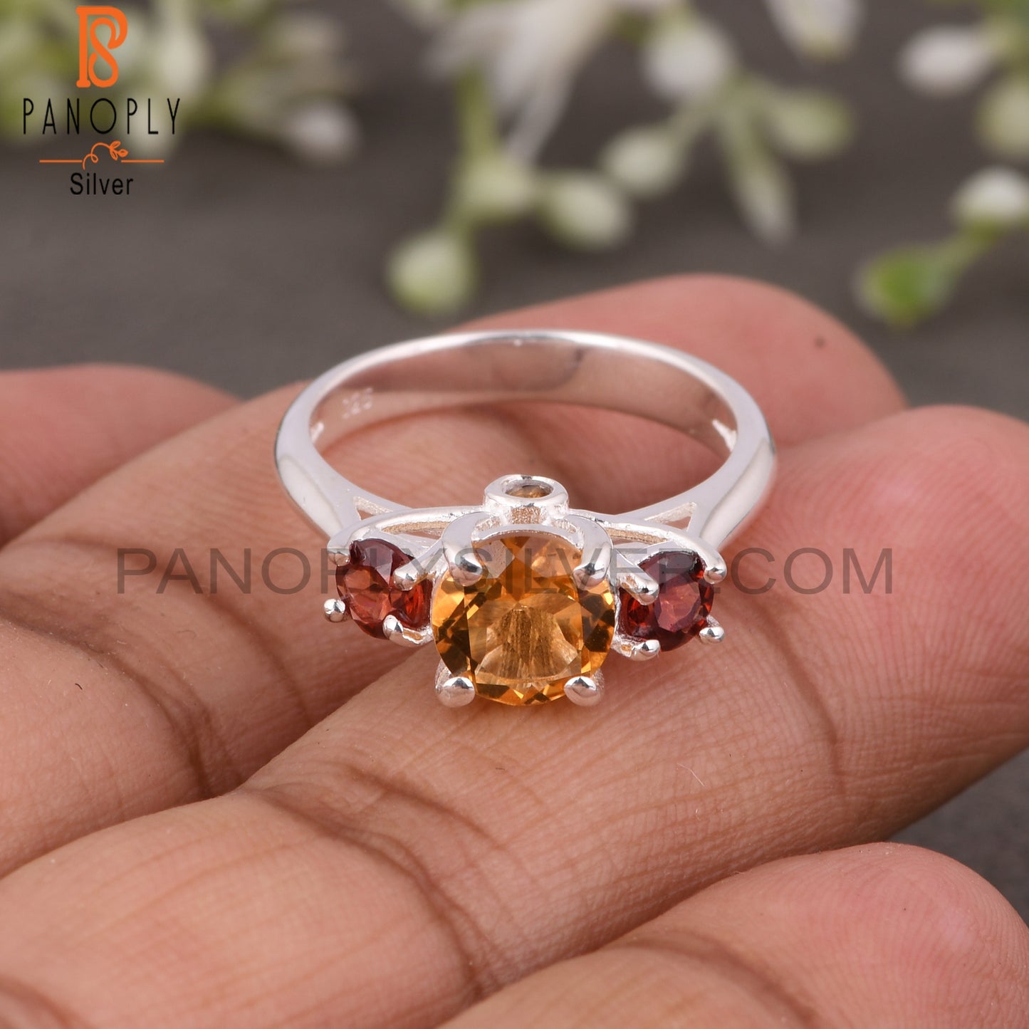 Citrine & Garnet 925 Round Sterling Silver Ring