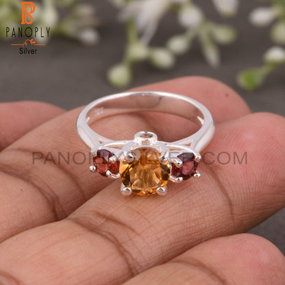 Citrine & Garnet 925 Round Sterling Silver Ring