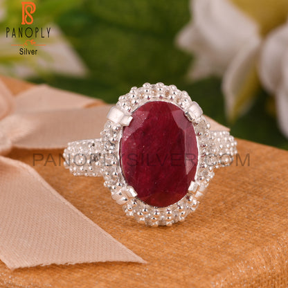 Red Corundum Ruby and White Topaz 925 Sterling Silver Ring