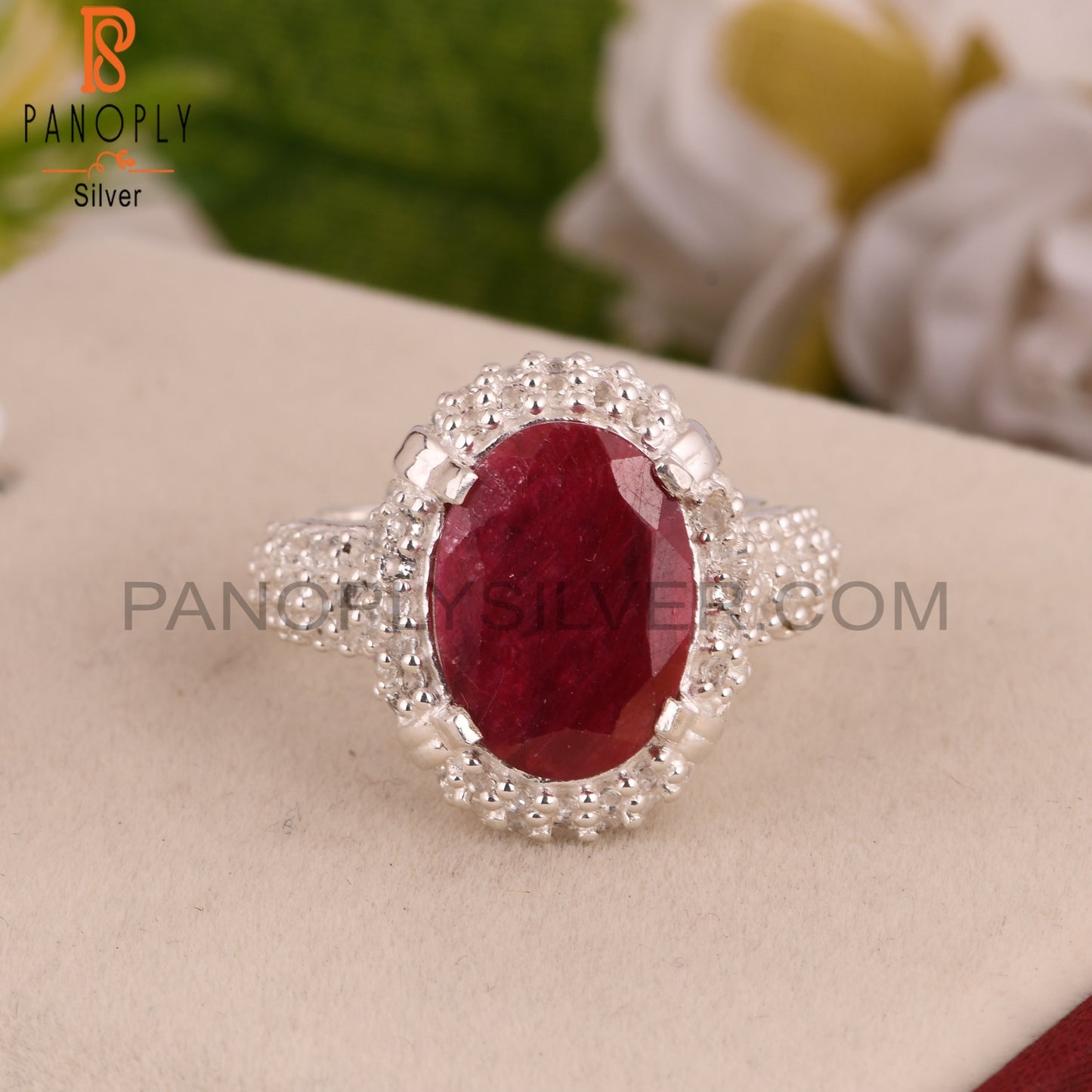 Red Corundum Ruby and White Topaz 925 Sterling Silver Ring